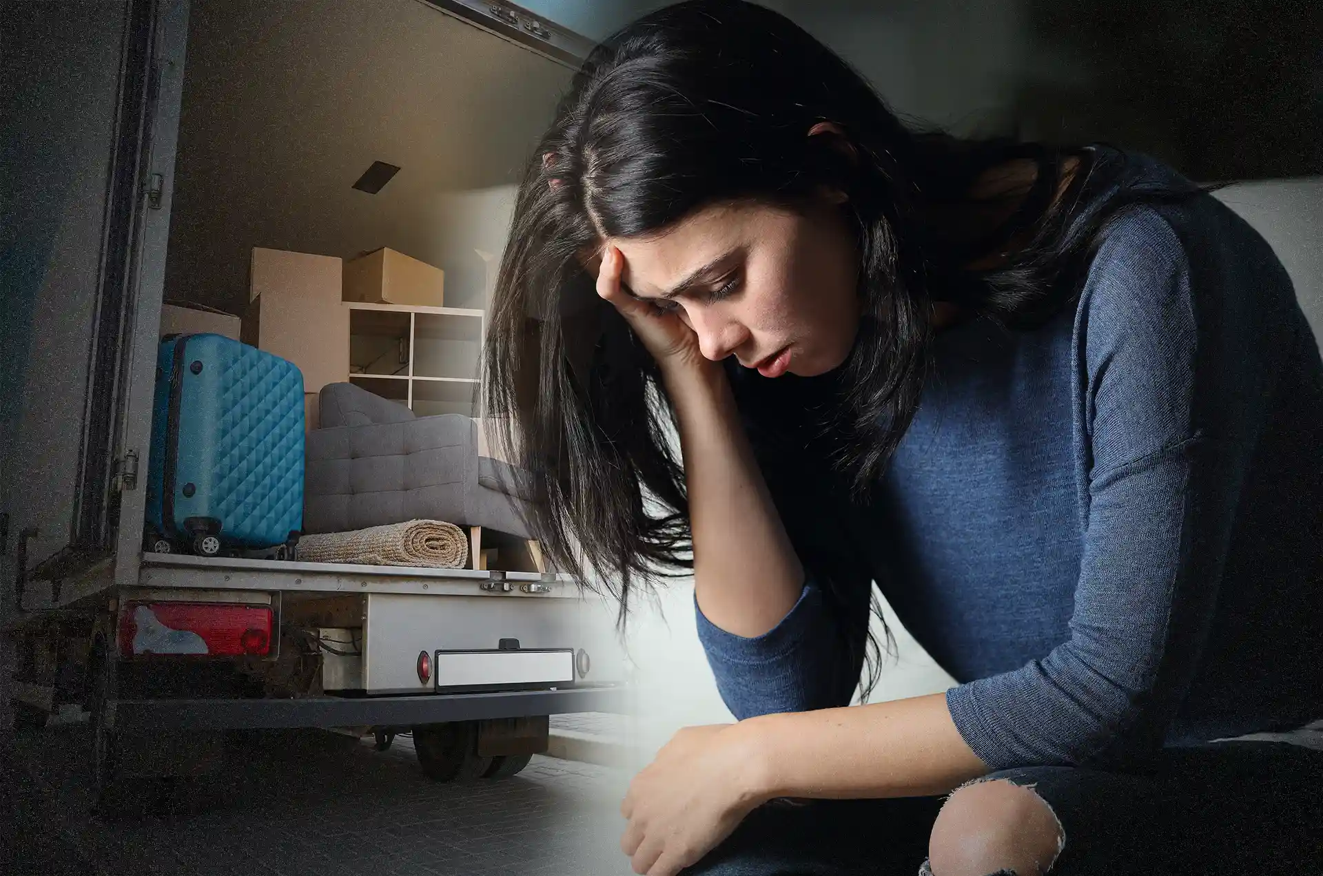 Kvinna ledsen, deprimerad av vräkning från lägenhet