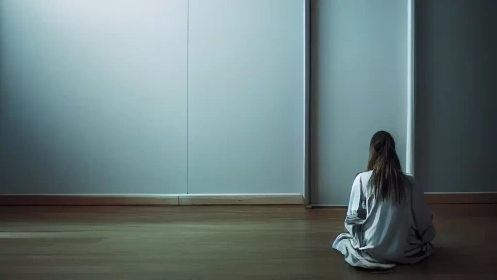 Kvinna sitter i ett rum tittar på en dörr utan dörrhandtag