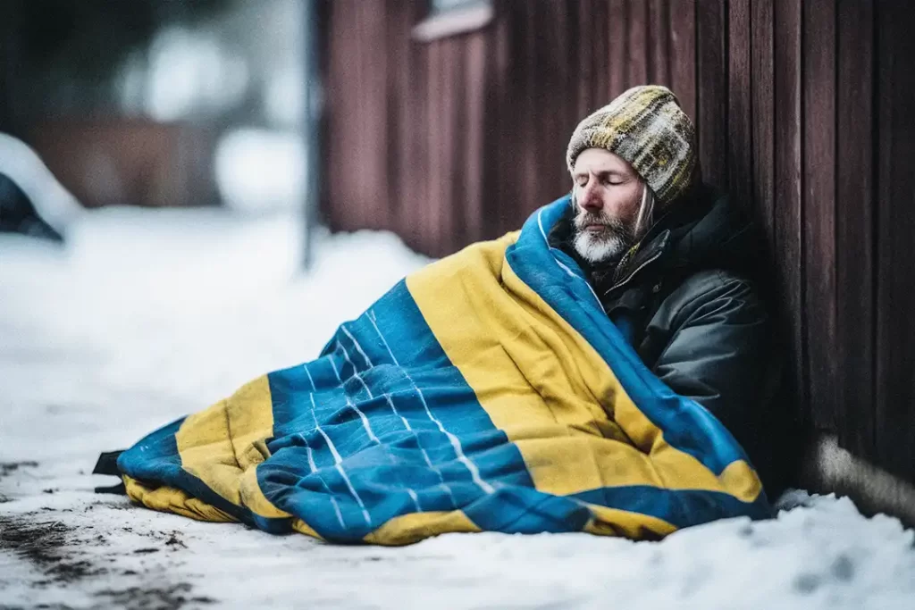 Hemlös sover ute i snön