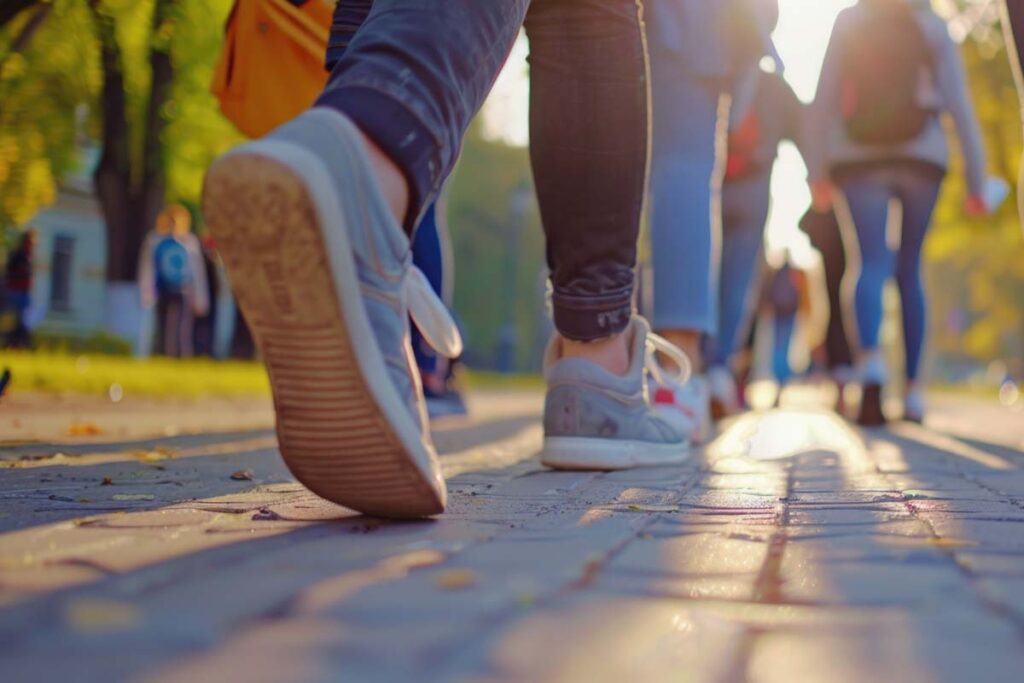 En grupp människor som går tillsammans på en trottoar i staden